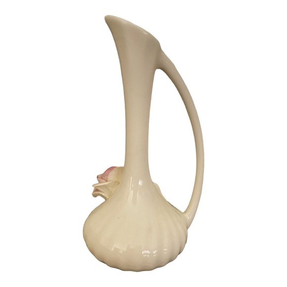 Vintage Pitcher Bud Vase 7” H x 3.5” W off white with pink rose and green leaves - Picture 2 of 3